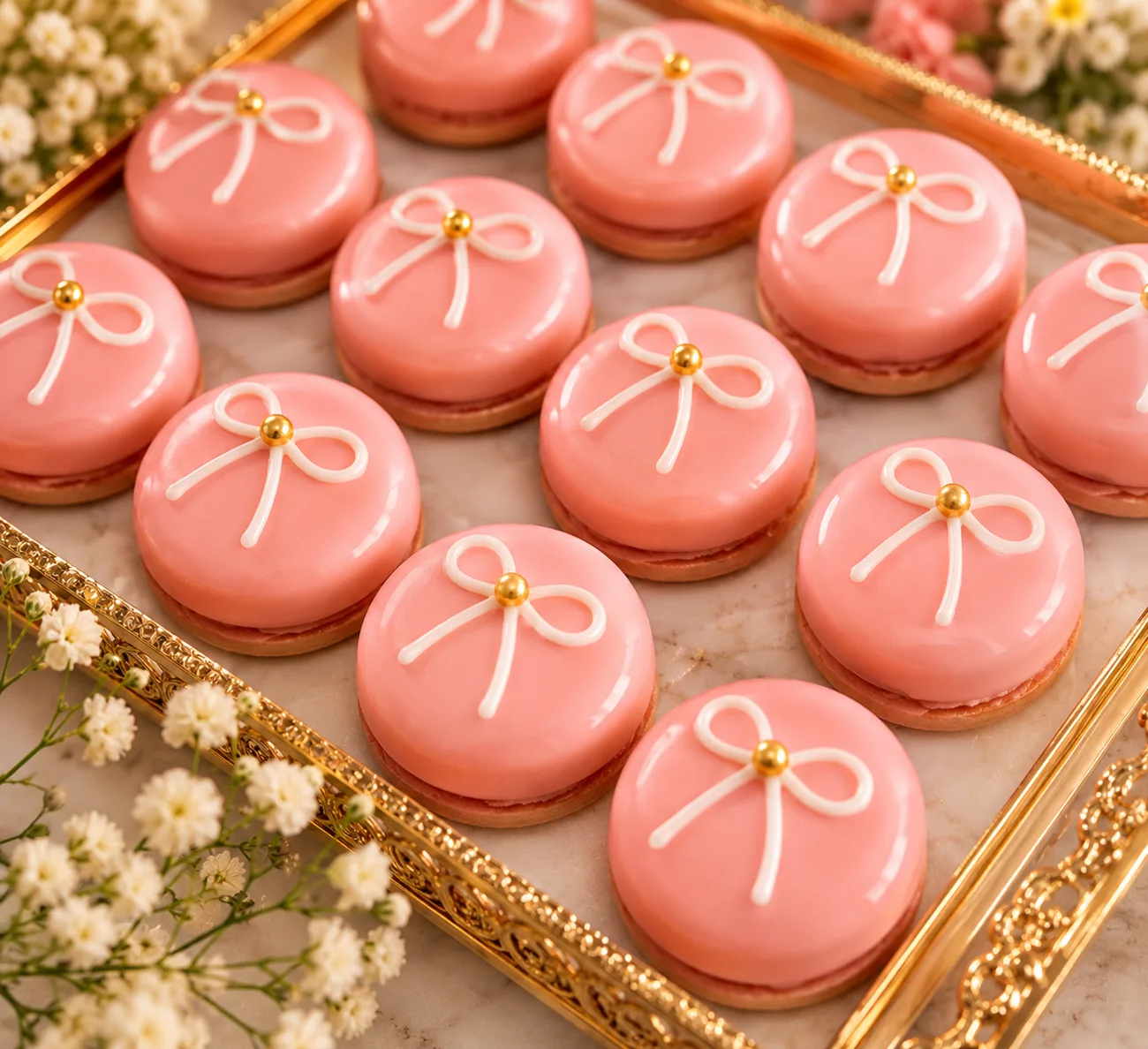 Petites pâtisseries roses décorées